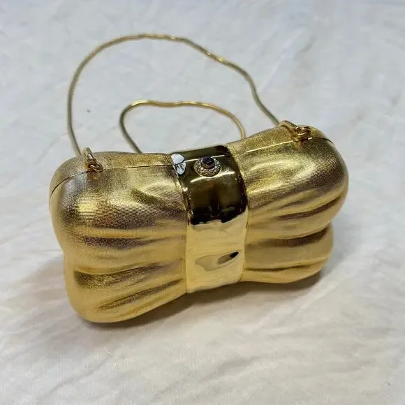 Vintage Saks Fifth Avenue Italy Bow Clamshell Gold Clutch Evening Bag - Picture 8 of 11